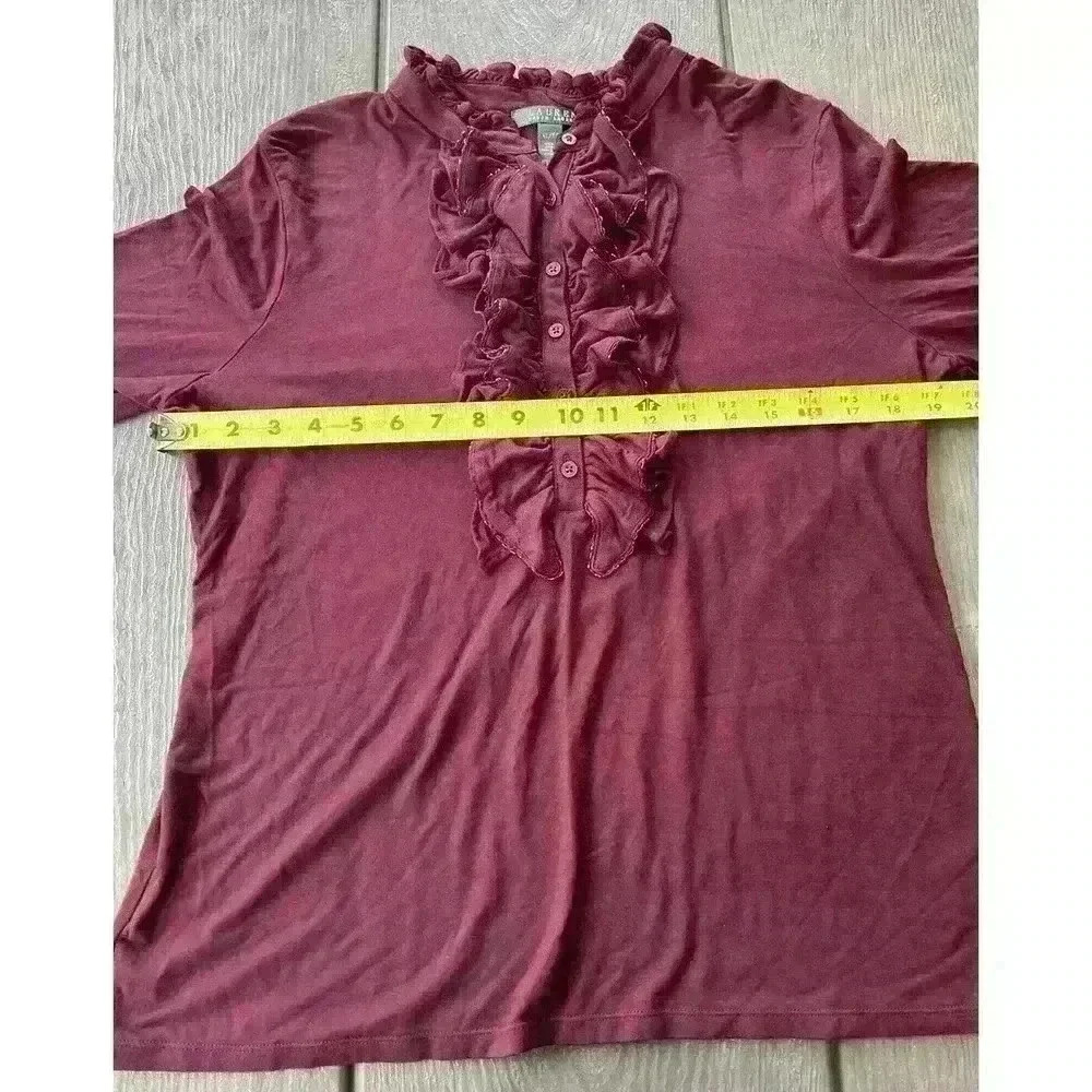 Lauren Ralph Lauren Blouse Womens XL Long Sleeve Beaded Ruffles Burgundy Stretch - Picture 6 of 8
